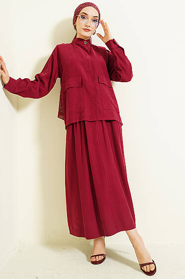 Gizli Düğmeli Etekli Tensel İkili Takım Bordo - İkili Takım