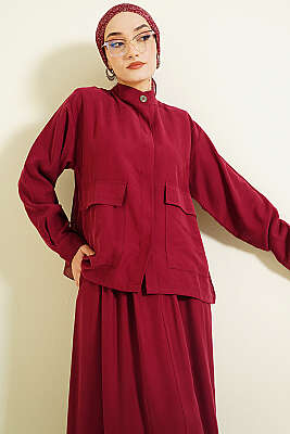 Gizli Düğmeli Etekli Tensel İkili Takım Bordo - İkili Takım