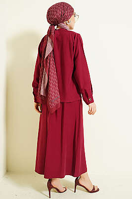 Gizli Düğmeli Etekli Tensel İkili Takım Bordo - İkili Takım