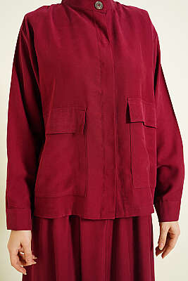 Gizli Düğmeli Etekli Tensel İkili Takım Bordo - İkili Takım