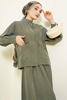 Gizli Düğmeli Etekli Tensel İkili Takım Haki - HATUN