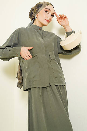 Gizli Düğmeli Etekli Tensel İkili Takım Haki - İkili Takım