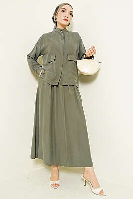 Gizli Düğmeli Etekli Tensel İkili Takım Haki - İkili Takım