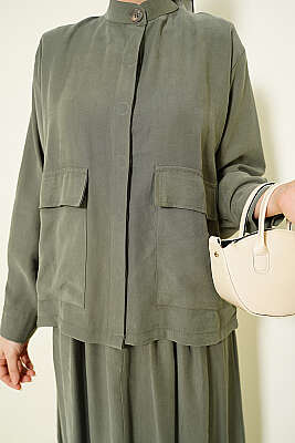 Gizli Düğmeli Etekli Tensel İkili Takım Haki - İkili Takım