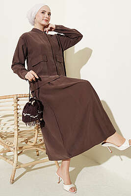Gizli Düğmeli Etekli Tensel İkili Takım Kahve - HATUN