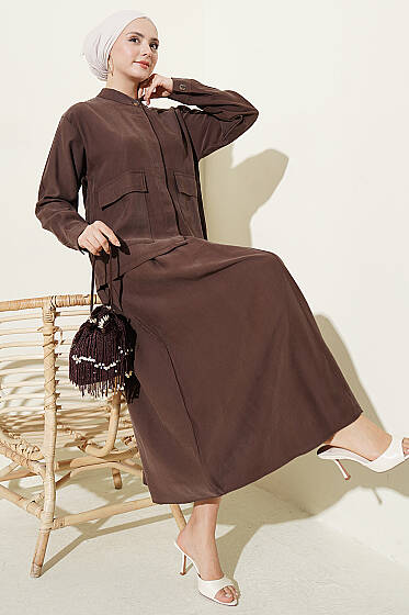 Gizli Düğmeli Etekli Tensel İkili Takım Kahve - İkili Takım