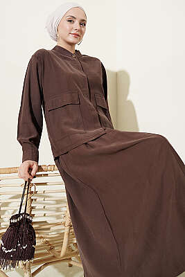 Gizli Düğmeli Etekli Tensel İkili Takım Kahve - İkili Takım