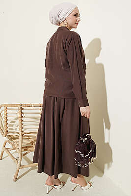 Gizli Düğmeli Etekli Tensel İkili Takım Kahve - İkili Takım