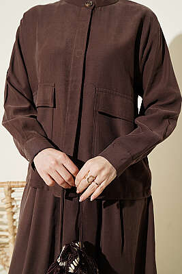 Gizli Düğmeli Etekli Tensel İkili Takım Kahve - İkili Takım