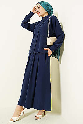 Gizli Düğmeli Etekli Tensel İkili Takım Lacivert - HATUN