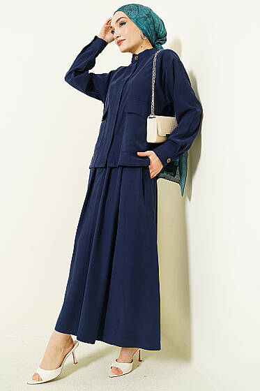 Gizli Düğmeli Etekli Tensel İkili Takım Lacivert - İkili Takım