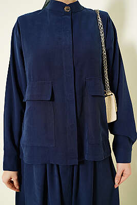 Gizli Düğmeli Etekli Tensel İkili Takım Lacivert - İkili Takım