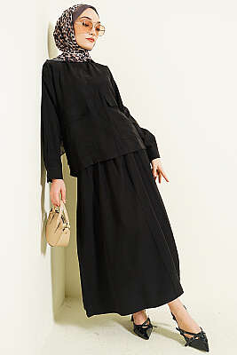 Gizli Düğmeli Etekli Tensel İkili Takım Siyah - HATUN