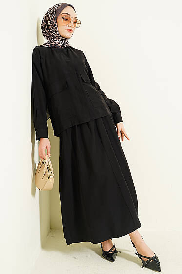 Gizli Düğmeli Etekli Tensel İkili Takım Siyah - İkili Takım