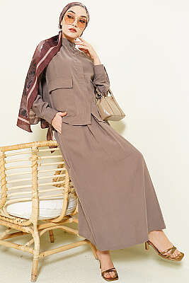 Gizli Düğmeli Etekli Tensel İkili Takım Vizon - HATUN