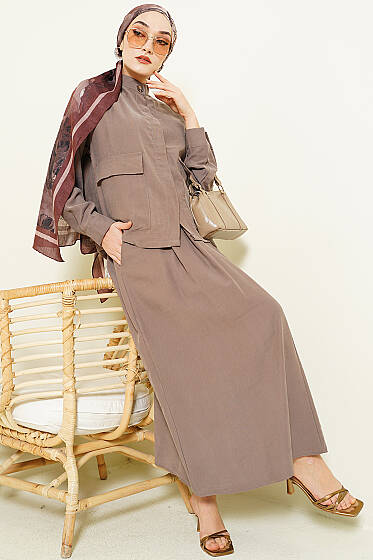 Gizli Düğmeli Etekli Tensel İkili Takım Vizon - İkili Takım