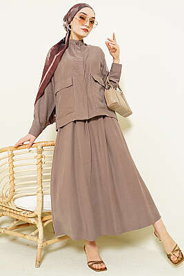 Gizli Düğmeli Etekli Tensel İkili Takım Vizon - İkili Takım