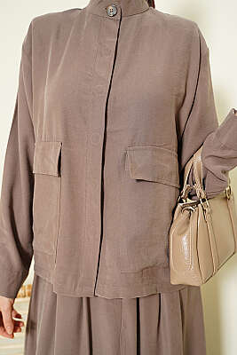 Gizli Düğmeli Etekli Tensel İkili Takım Vizon - İkili Takım