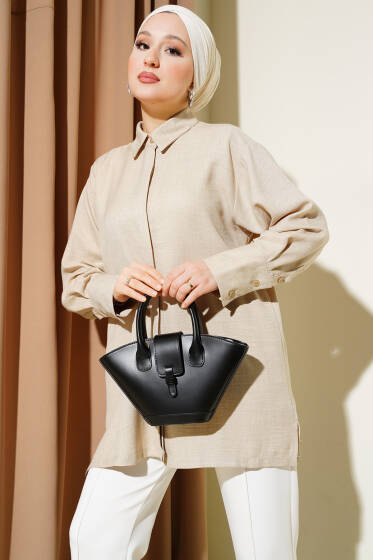 Gizli Düğmeli Geniş Manşetli Gömlek Bej - Gömlek