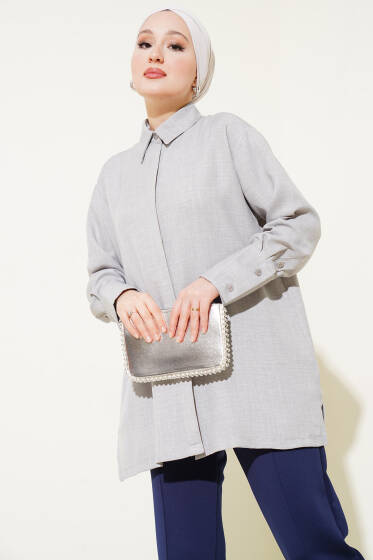 Gizli Düğmeli Geniş Manşetli Gömlek Gri - Gömlek