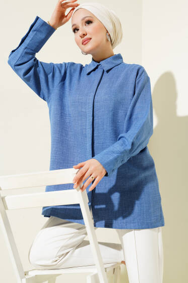 Gizli Düğmeli Geniş Manşetli Gömlek İndigo - Gömlek