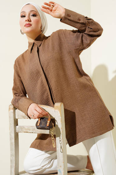 Gizli Düğmeli Geniş Manşetli Gömlek Kahve - Gömlek
