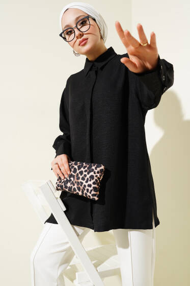 Gizli Düğmeli Geniş Manşetli Gömlek Siyah - Gömlek