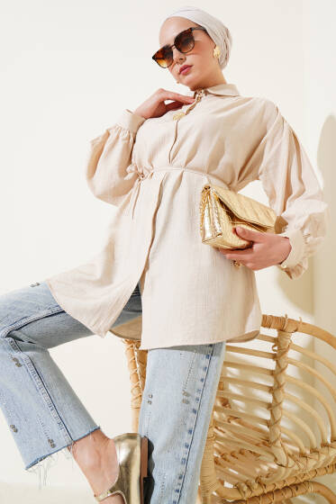 Gizli Düğmeli İp Kuşaklı Gömlek Bej - Gömlek