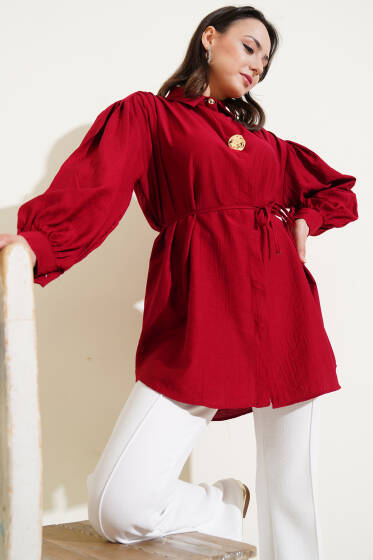 Gizli Düğmeli İp Kuşaklı Gömlek Bordo - Gömlek