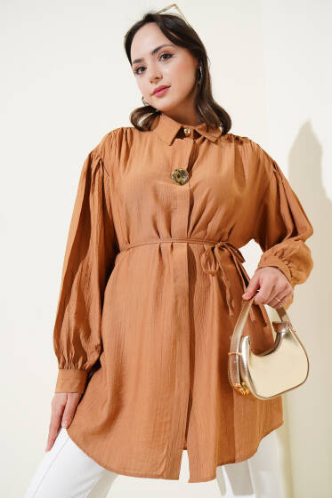 Gizli Düğmeli İp Kuşaklı Gömlek Camel - Gömlek