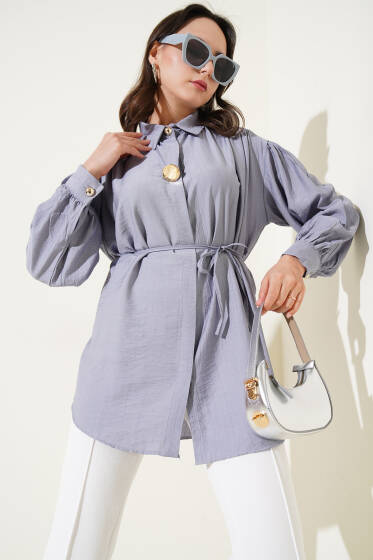Gizli Düğmeli İp Kuşaklı Gömlek Gri - Gömlek