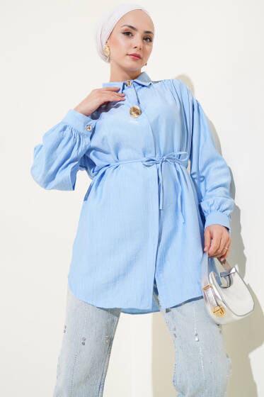 Gizli Düğmeli İp Kuşaklı Gömlek Mavi - Gömlek
