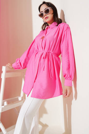Gizli Düğmeli İp Kuşaklı Gömlek Pembe - Gömlek