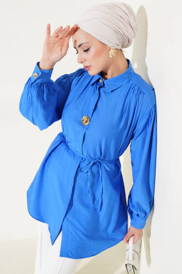 Gizli Düğmeli İp Kuşaklı Gömlek Saks - Gömlek