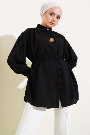 Gizli Düğmeli İp Kuşaklı Gömlek Siyah - Gömlek