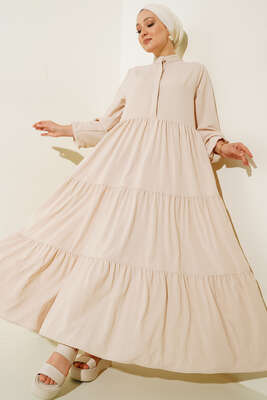Gizli Düğmeli Kat Kat Düğmeli Elbise Bej 