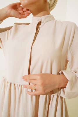 Gizli Düğmeli Kat Kat Düğmeli Elbise Bej - Tesettür Elbise