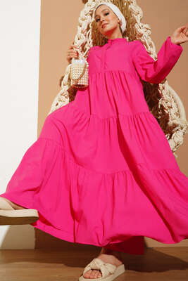 Gizli Düğmeli Kat Kat Düğmeli Elbise Fusya 