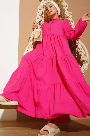 Gizli Düğmeli Kat Kat Düğmeli Elbise Fusya - Tesettür Elbise