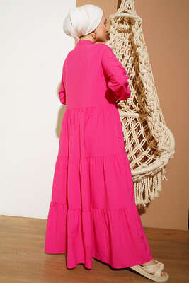 Gizli Düğmeli Kat Kat Düğmeli Elbise Fusya - Tesettür Elbise