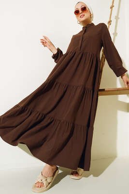 Gizli Düğmeli Kat Kat Düğmeli Elbise Kahve 