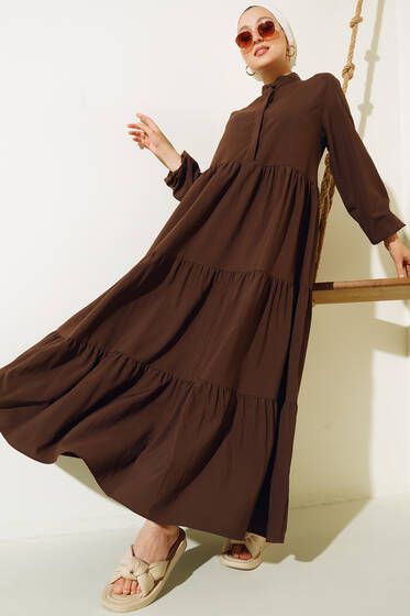 Gizli Düğmeli Kat Kat Düğmeli Elbise Kahve - Tesettür Elbise