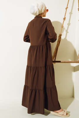 Gizli Düğmeli Kat Kat Düğmeli Elbise Kahve - Tesettür Elbise