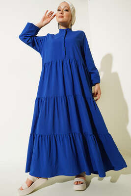 Gizli Düğmeli Kat Kat Düğmeli Elbise Lacivert 