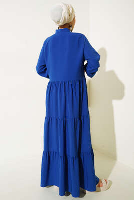 Gizli Düğmeli Kat Kat Düğmeli Elbise Lacivert - Tesettür Elbise