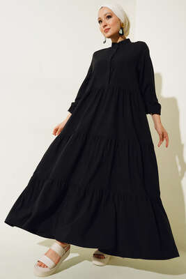 Gizli Düğmeli Kat Kat Düğmeli Elbise Siyah - Tesettür Elbise