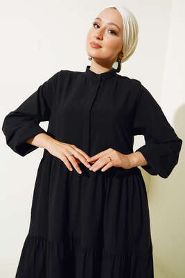 Gizli Düğmeli Kat Kat Düğmeli Elbise Siyah - Tesettür Elbise