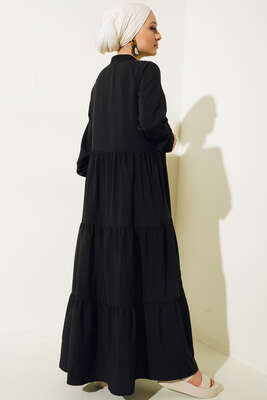 Gizli Düğmeli Kat Kat Düğmeli Elbise Siyah - Tesettür Elbise