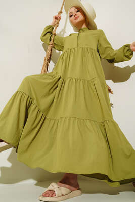 Gizli Düğmeli Kat Kat Düğmeli Elbise Yeşil 