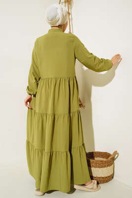 Gizli Düğmeli Kat Kat Düğmeli Elbise Yeşil - Tesettür Elbise